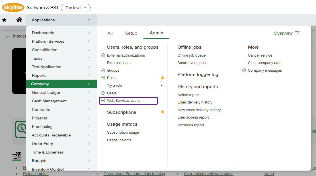 Screenshot of Sage Intacct interface displaying the dropdown menu that follows the Company to Admin to Web Services users path. The Web Services users menu option is highlighted.